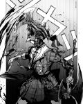  1girl absurdres axe blood blood_splatter bloody_clothes bloody_weapon breasts chainsaw_man collared_shirt commentary cowboy_shot greyscale highres holding holding_axe hololive hoshimachi_suisei looking_up monochrome mr.holmes necktie open_mouth parody plaid plaid_jacket plaid_skirt roaring sharp_teeth shirt skirt skirt_set small_breasts solo sound_effects teeth transformation twitter_username virtual_youtuber weapon wing_collar 