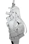  1girl absurdres assault_rifle bag bangs beret blunt_bangs breasts dickbomber facial_mark from_side girls_frontline gloves green_eyes greyscale gun h&amp;k_hk416 hair_ornament hand_on_hip hat highres hk416_(girls_frontline) holding holding_gun holding_weapon jacket large_breasts long_hair monochrome parted_lips pleated_skirt profile rifle sidelocks simple_background skirt solo spot_color teardrop thigh-highs weapon 