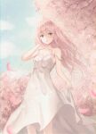  1girl absurdres bare_shoulders blue_sky blush brown_eyes cherry_blossoms clouds collarbone dress dress_lift flower highres huge_filesize long_hair looking_at_viewer muyang original parted_lips petals pink_hair sky solo standing sundress tree white_dress 