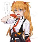  1girl alternate_costume arm_up bangs blue_eyes blush breasts collared_shirt commentary english_text eyebrows_visible_through_hair eyes_visible_through_hair gloves hair_between_eyes hair_ornament higanbana_(fried_chicken) highres interface_headset long_hair looking_at_viewer necktie neon_genesis_evangelion open_mouth orange_hair red_gloves red_neckwear shirt simple_background solo souryuu_asuka_langley talking translation_request two_side_up upper_body white_background white_shirt 