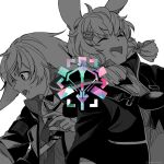  1boy 1girl animal_ears ansel_(arknights) arknights back-to-back bangs black_jacket bow bright_pupils closed_eyes commentary_request gloves grey_bow grey_eyes grey_gloves grey_neckwear hair_bow hair_ornament highres jacket kroos_(arknights) long_hair looking_to_the_side monochrome multiple_hair_bows necktie open_clothes open_jacket open_mouth osushi_kome rabbit_ears short_hair short_twintails sidelocks simple_background smile spot_color surprised twintails upper_body white_background white_pupils 
