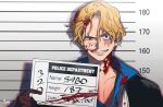  1boy artist_name black_eyes blonde_hair blood blood_on_face bloody_clothes brown_gloves character_name eyebrows_visible_through_hair gloves grin holding holding_sign looking_at_viewer male_focus mugshot no_hat no_headwear one_piece pipi_080 raised_eyebrow sabo_(one_piece) scar scar_on_face shadow short_hair sign smile solo straight-on wavy_hair 