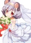  1girl alternate_costume animal_ears bangs blush bouquet bow bridal_veil bride closed_mouth commentary_request cowboy_shot dress elbow_gloves eyebrows_visible_through_hair flower frills gloves grey_hair hair_between_eyes highres holding holding_bouquet looking_at_viewer mouse_ears nazrin red_bow red_eyes short_hair simple_background smile solo strapless strapless_dress take_no_ko_(4919400) tiara touhou veil wedding_dress white_background white_dress white_flower white_gloves 