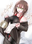  1girl @_@ bangs black_legwear blush breasts brown_hair commentary_request green_eyes highres long_hair one-piece_swimsuit oouso original pantyhose pencil_skirt skirt skirt_pull solo sweat swimsuit tears thighband_pantyhose toilet undressing 