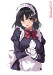  1girl black_eyes black_hair blush bow bowtie breasts ebifurya eyebrows_visible_through_hair gloves haguro_(kancolle) hair_ornament hair_ribbon highres kantai_collection large_breasts long_sleeves looking_at_viewer maid maid_headdress open_mouth red_neckwear red_ribbon ribbon short_hair simple_background solo twitter_username white_background white_gloves 