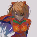  1girl blue_eyes bodysuit breasts brown_hair evangelion:_3.0_you_can_(not)_redo eyepatch grey_background hand_in_hair highres interface_headset long_hair medium_breasts neon_genesis_evangelion one_eye_covered parted_lips pilot_suit plugsuit rebuild_of_evangelion shikinami_asuka_langley skin_tight solo souryuu_asuka_langley two_side_up upper_body wozz 