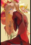  1girl bangs blue_eyes bodysuit closed_mouth flower from_side hair_ornament hand_up highres long_hair looking_at_viewer looking_to_the_side neon_genesis_evangelion number orange_hair piasu029 pillarboxed pilot_suit plugsuit red_bodysuit sitting skinny solo souryuu_asuka_langley two_side_up wariza yellow_background 