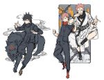  3boys animal bangs black_dog black_hair blonde_hair dog facial_tattoo fushiguro_megumi gakuran highres hood hoodie itadori_yuuji japanese_clothes jennygin2 jujutsu_kaisen kimono long_hair male_focus multicolored_hair multiple_boys pants red_hoodie ryoumen_sukuna_(jujutsu_kaisen) school_uniform simple_background sketch spiky_hair tattoo undercut white_background 