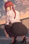  1girl ass braid breasts chainsaw_man commentary formal high_heels highres large_breasts long_hair looking_at_viewer looking_back makima_(chainsaw_man) pants railing redhead shexyo solo squatting 