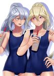  2girls absurdres blonde_hair breasts cup drink drinking_straw eyebrows_visible_through_hair gloria_tyler grace_tyler green_eyes hair_between_eyes hand_on_another&#039;s_shoulder hand_on_hip highres holding holding_drink long_hair multiple_girls muto_dt school_swimsuit shadow siblings silver_hair simple_background sisters small_breasts swimsuit twins violet_eyes white_background yu-gi-oh! yu-gi-oh!_arc-v 