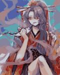  1girl alternate_costume alternate_headwear blowing_smoke hair_ornament hair_stick holding holding_pipe japanese_clothes kiseru komakusa_sannyo long_hair looking_to_the_side pipe ponytail purple_hair red_robe smoke smoking solo sosei tobacco touhou yellow_eyes 