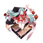  1girl aqua_eyes aqua_hair arm_up bare_legs floral_print frilled_kimono frills full_body hatsune_miku highres japanese_clothes kimono kinchaku lantern long_hair looking_at_viewer obi paper_lantern parted_lips petals pouch red_kimono sash slyvia smile solo twintails very_long_hair vocaloid white_background wide_sleeves wind_chime zouri 
