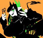  1girl black-framed_eyewear black_hair black_sweater black_tail black_wings breasts colored_skin demon_girl demon_horns demon_tail demon_wings glasses green_horns green_nails horns huge_breasts juugoya_(zyugoya) limited_palette long_hair merii_(mazohaha) musuko_ga_kawaikute_shikatanai_mazoku_no_hahaoya one_eye_closed open_mouth pointy_ears sharp_teeth sweater tail teeth upper_body v white_skin wings 