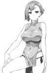  1girl breasts character_request china_dress chinese_clothes closed_mouth dress greyscale large_breasts looking_at_viewer monochrome original short_hair simple_background solo thong ueyama_michirou white_background 