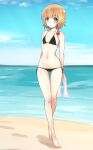  1girl :o alternate_costume bangs beach bikini black_bikini blonde_hair blue_eyes blue_sky blush bow braid breasts bright_pupils clouds cookie_(touhou) day eyebrows_visible_through_hair full_body hair_bow highres holding holding_towel horizon kirisame_marisa looking_at_viewer meguru_(cookie) navel ocean open_mouth outdoors paburisiyasu red_bow sand short_hair side-tie_bikini side_braid single_braid sky small_breasts solo swimsuit touhou towel walking white_pupils 