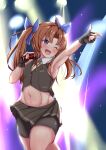  absurdres armpits bike_shorts black_gloves brown_hair fingerless_gloves gloves highres kagerou_(kancolle) kantai_collection microphone navel pleated_skirt sakura_ab skirt sleeveless stage stage_lights twintails violet_eyes 