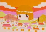  1girl bangs building giant giantess hands_up house limited_palette long_hair no_mouth no_nose orange_hair original outdoors sky solo surreal yana_mmm 