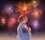  1girl aerial_fireworks aikatsu! aikatsu!_(series) bangs blush braid brown_eyes brown_hair crown_braid double_bun fireworks flower hair_flower hair_ornament hanako151 hand_up japanese_clothes kimono looking_at_viewer night night_sky obi oozora_akari red_flower red_sash sash signature sky solo upper_body yukata 