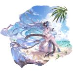  1girl alpha_transparency ass beach bikini blue_hair breasts clouds day draph flower granblue_fantasy hair_between_eyes hair_ornament high_heels horns izmir large_breasts leaves_in_wind long_hair looking_at_viewer looking_back minaba_hideo ocean official_art open_mouth outdoors pointy_ears ponytail red_eyes sand sideboob silver_bikini sitting sky smile snowflake_hair_ornament solo swimsuit transparent_background very_long_hair white_flower 