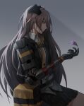 1girl bag bangs black_gloves black_jacket black_skirt brown_hair cero_(last2stage) closed_mouth eyebrows_visible_through_hair flower girls_frontline gloves jacket long_hair looking_down mechanical_arms open_clothes open_jacket shirt simple_background single_mechanical_arm sitting skirt solo ump45_(girls_frontline) white_shirt yellow_eyes 
