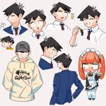  1boy absurdres baseball_cap black_eyes black_hair blush crossdressinging degraded_ice food hat highres hood hoodie jacket komi-san_wa_komyushou_desu maid necktie omelet orange_hair school_uniform shirt tadano_hitohito twintails white_shirt wing_collar yellow_shirt 