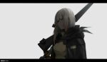  1girl assault_rifle black_eyepatch black_gloves black_jacket cero_(last2stage) character_name closed_mouth eyebrows_visible_through_hair eyepatch girls_frontline gloves gun highres holding holding_weapon jacket long_hair looking_at_viewer m16 m16a1 m16a1_(girls_frontline) m16a1_(girls_frontline)_(boss) multicolored_hair open_clothes open_jacket rifle shirt silver_hair simple_background solo weapon yellow_eyes yellow_shirt 