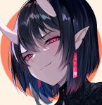  1girl black_hair earrings eyeliner fang fang_out horns jewelry looking_at_viewer makeup oni oni_horns oni_noodle original pointy_ears red_eyes short_hair smile solo 