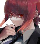  1girl bangs black_neckwear blazer braid braided_ponytail business_suit chainsaw_man cigarette close-up collared_shirt colored_eyelashes formal hair_between_eyes highres holding holding_cigarette jacket long_hair long_sleeves looking_at_viewer makima_(chainsaw_man) necktie parted_lips portrait red_eyes redhead ringed_eyes shirt short_hair simple_background sion001250 solo suit white_background white_shirt 