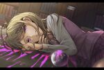  1girl ahoge akamatsu_kaede ball bangs blonde_hair blood book bookshelf commentary_request cowboy_shot dangan_ronpa_(series) dangan_ronpa_v3:_killing_harmony hair_ornament highres letterboxed library long_hair long_sleeves lying musical_note_hair_ornament necktie on_floor on_side pink_blood pink_eyes pink_skirt pleated_skirt sad_smile shirt skirt smile solo sweater_vest tears this_(dgrp5017) white_shirt 