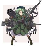  1girl ak-47 assault_rifle blush boots bow camouflage_print commentary_request dual_wielding full_body green_eyes green_hair green_shirt green_skirt grin gun hat highres holding holding_gun holding_weapon military military_uniform petticoat rifle rocket_launcher shirt shope simple_background skirt skirt_set smile solo touhou uniform weapon white_background yamashiro_takane 