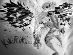  1girl breasts burning chainsaw_man chef_hat claws clenched_teeth demon_girl fire greyscale hat highres hololive hololive_english jjsmiley95 long_hair medium_breasts midriff monochrome monsterification parody shorts sound_effects style_parody takanashi_kiara teeth transformation white_legwear wings 