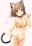  1girl :o animal_ear_fluff animal_ears bangs bare_arms bare_shoulders bell bikini breasts brown_background brown_hair cat_ears cat_girl cat_tail collar collarbone commentary_request eyebrows_visible_through_hair green_eyes groin highres jingle_bell looking_at_viewer medium_breasts navel neck_bell open_mouth orange_bikini original red_collar shibacha side-tie_bikini simple_background solo swimsuit tail untied untied_bikini 