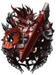  1boy belt black_gloves brown_hair chain claws cross dragon_install english_text fire gloves guilty_gear guilty_gear_xrd holding holding_weapon long_hair looking_at_viewer male_focus multiple_belts ponytail re_(re_09) red_eyes simple_background sol_badguy transformation weapon white_background 