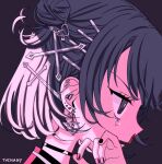  1girl black_background black_hair black_nails blood ear_piercing earrings hair_ornament hairclip hand_up jewelry myon_(tokipi) nosebleed original piercing portrait profile safety_pin short_hair signature simple_background solo tears 