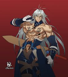  666 bare_pecs bastard!! blue_eyes dark_schneider k52 muscular muscular_male pointing pointing_at_self smug sword sword_behind_back weapon white_hair 