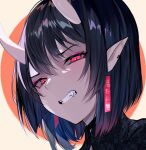  1girl black_hair clenched_teeth earrings eyeliner fang horns jewelry looking_at_viewer makeup oni oni_horns oni_noodle original pointy_ears red_eyes short_hair solo teeth 