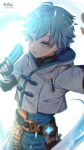  1boy ahoge bangs blue_eyes blue_hair blurry chinese_clothes chongyun_(genshin_impact) dessert eyebrows_visible_through_hair fingerless_gloves food genshin_impact gloves hair_between_eyes holding holding_food hood hooded_coat light_blue_hair long_sleeves male_focus monicanc open_mouth popsicle short_hair simple_background vision_(genshin_impact) white_background 