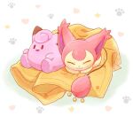  :3 blanket cat cat_day character_doll clefairy closed_eyes closed_mouth gen_1_pokemon gen_3_pokemon heart lying no_humans on_stomach paw_print_background pokemon pokemon_(creature) skitty sleeping smile star_(symbol) yuki_sane49 
