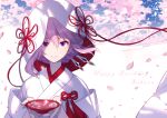  1girl absurdres benghuai_xueyuan character_name cherry_blossoms cup happy_birthday highres holding honkai_(series) honkai_impact_3rd japanese_clothes kimono looking_at_viewer parted_lips petals pink_hair red_ribbon ribbon sakazuki slyvia smile solo uchikake upper_body violet_eyes white_hood white_kimono yae_sakura 