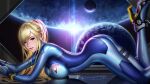  1girl artist_name bangs blonde_hair blue_bodysuit blue_eyes bodysuit breasts commentary_request gloves liang_xing lips long_hair looking_at_viewer lying medium_breasts metroid mole mole_under_mouth on_stomach parted_lips ponytail reflection samus_aran shiny shiny_hair shiny_skin sidelocks signature simple_background skin_tight smile solo tied_hair zero_suit 