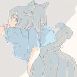  2girls against_wall animal_ears blue_shirt blush closed_eyes collared_shirt dog_ears dog_girl dog_tail eyebrows_behind_hair grey_hair grey_skirt hug leaning_over light_brown_hair lying medium_hair multiple_girls nekoya_saki on_back original pleated_skirt shirt short_sleeves skirt tail tail_wrap yuri 