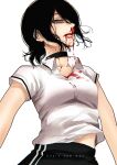  1girl black_choker black_hair black_shorts blood blood_on_face bloody_clothes breasts chainsaw_man choker collared_shirt commentary copyright_name eyelashes floating_hair green_eyes grenade_pin hair_between_eyes highres hoshi_san_3 looking_at_viewer medium_breasts midriff_peek nosebleed parted_lips reze_(chainsaw_man) shirt short_hair short_shorts short_sleeves shorts simple_background solo tearing_up tears white_background white_shirt wing_collar 