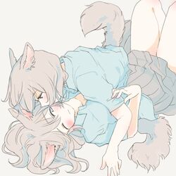  2girls :| animal_ears blue_shirt blush cheek_kiss closed_eyes closed_mouth collared_shirt dog_ears dog_girl dog_tail eyebrows_visible_through_hair grey_hair grey_skirt kiss light_brown_hair lying medium_hair multiple_girls nekoya_saki on_back original pleated_skirt shirt short_sleeves skirt tail thighs unbuttoned unbuttoned_shirt untucked_shirt wince yuri 