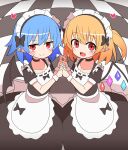  2girls :d absurdres alternate_costume apron bangs bat_wings black_bow black_choker black_shirt black_skirt blonde_hair blue_hair blush bow checkered checkered_floor choker commentary crystal enmaided flandre_scarlet heart highres interlocked_fingers jitome looking_at_viewer maid maid_headdress medium_hair multiple_girls nihohohi open_mouth pointy_ears red_eyes remilia_scarlet shirt short_sleeves siblings side_ponytail sisters skirt smile sweat sweatdrop tareme touhou waist_apron wings wrist_cuffs 