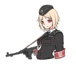  1girl armedshipyard black_headwear black_neckwear blonde_hair breasts eyebrows_visible_through_hair girls_frontline gun hat holding holding_weapon looking_at_viewer medium_hair military military_hat military_uniform mp40 mp40_(girls_frontline) necktie open_mouth red_eyes shirt solo submachine_gun uniform weapon white_background white_shirt 