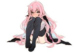  black_cloak blush cloak eyebrows_visible_through_hair eyes hatching_(texture) leg_hug linear_hatching looking_at_viewer louise_francoise_le_blanc_de_la_valliere nervous pink_eyes pink_hair shiny shiny_hair simple_background sitting sketch tatami_to_hinoki white_background zero_no_tsukaima 