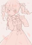  1girl bangs blush bow closed_mouth collared_shirt commentary_request copyright_request drill_hair eyebrows_visible_through_hair grey_background hair_ornament hands_up high-waist_skirt jigatei_(omijin) long_hair long_sleeves monochrome petals shirt skirt solo twin_drills twintails 