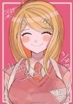  1girl ahoge akamatsu_kaede bangs blonde_hair blush blush_stickers breasts closed_eyes collared_shirt commentary_request dangan_ronpa_(series) dangan_ronpa_v3:_killing_harmony dated eighth_note eyebrows_visible_through_hair hair_ornament happy_birthday highres large_breasts long_hair musical_note musical_note_hair_ornament necktie pale_skin pink_background shirt simple_background smile solo sweater_vest upper_body white_shirt 