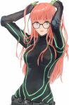  1girl arms_up bangs black_bodysuit bodysuit elbow_gloves elbow_pads glasses gloves green_gloves long_hair messy_hair nonota_(takerunoheya) orange_hair persona persona_5 playing_with_own_hair sakura_futaba skin_tight 