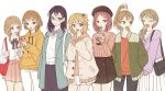  6+girls alternate_costume bag black_hair blonde_hair brown_hair casual cellphone clunch cup drinking glasses haikyuu!! highres holding holding_cup hood hoodie jacket kuribayashi_runa long_hair looking_at_another misaki_hana multiple_girls nametsu_mai pants phone ponytail shimizu_kiyoko shirofuku_yukie shirt short_hair side_ponytail simple_background skirt smile suzumeda_kaori white_background yachi_hitoka 